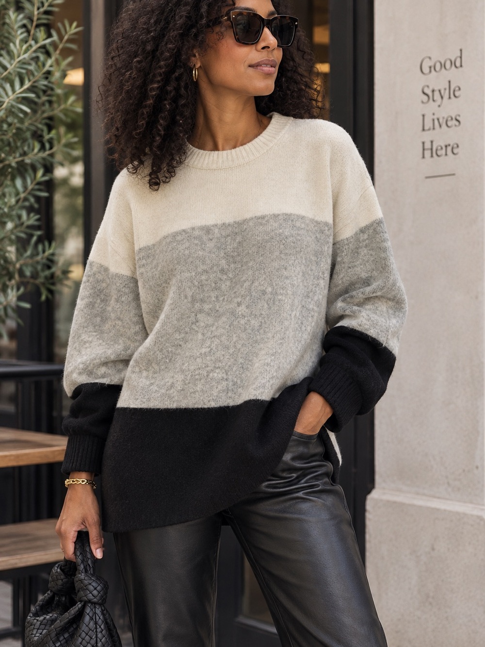 J.Crew Cream Gray Black Colorblock Crewneck Sweater Size M